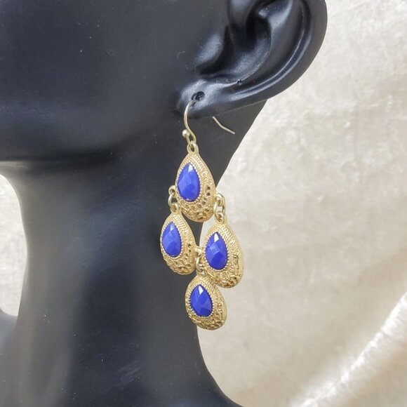 Antique-Style Gold & Blue Teardrop Dangle Earrings - Picture 3 of 5